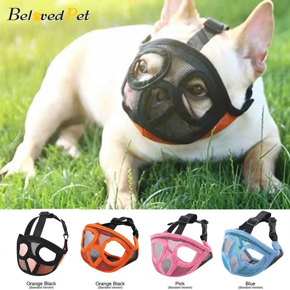 Breathable Mesh Short Snout Pet Dog Muzzle Adjustable French Bulldog Pug Mouth Muzzle Anti Bark Bite Chew Muzzles For Dogs LJ201111