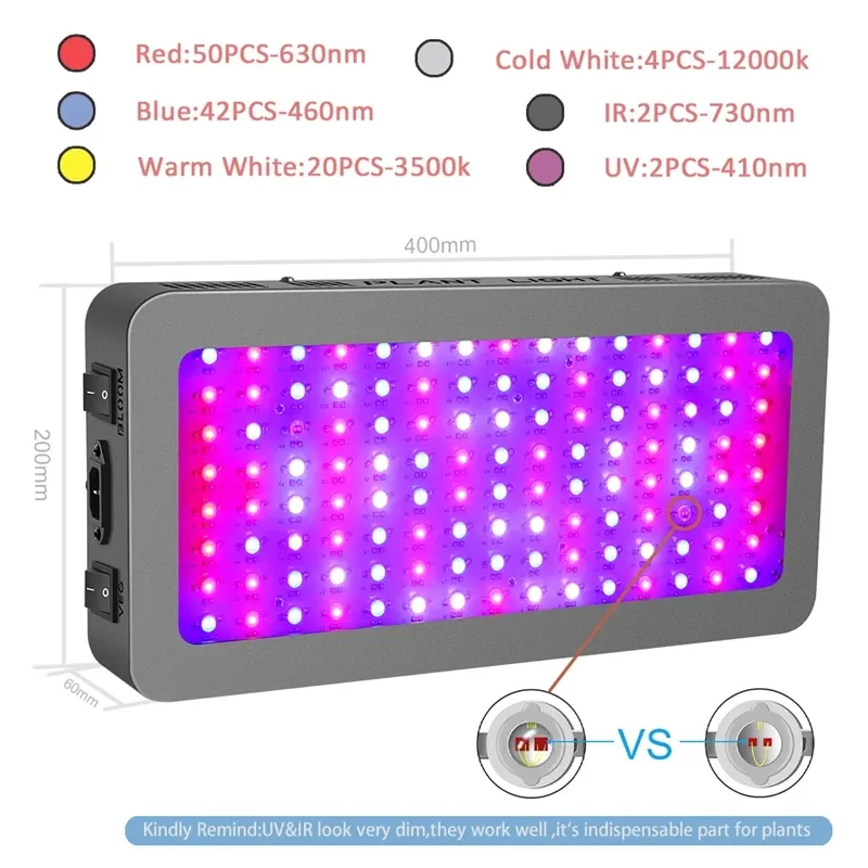 1200W Çift Anahtar Tam Spektrum LED Grow Lamba İç Mekan Çiçek Fide Sebzesi Çadır Bitki Hafif Büyüyen 85-265V296O