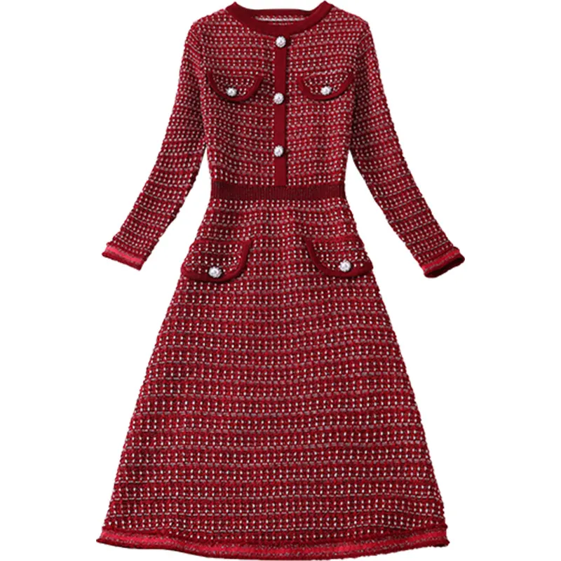 2021 Spring 4/5 Long Sleeve Round Neck Red Plaid Knitted Panelled Buttons Short Mini Dress Elegant Casual Dresses MD3188210