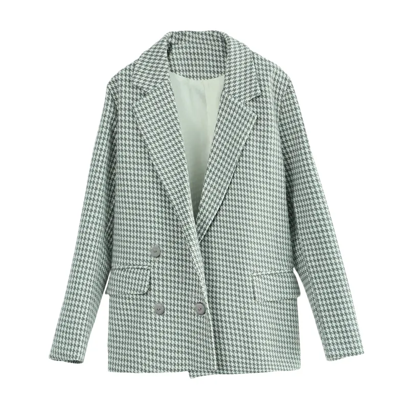 Lolipomme Stilvoller schicker Hahnentritt-Grau-Karo-Overall-Anzug für Damen, zweireihig, Taschen, lange Textur-Blazer mit Knöpfen 220302