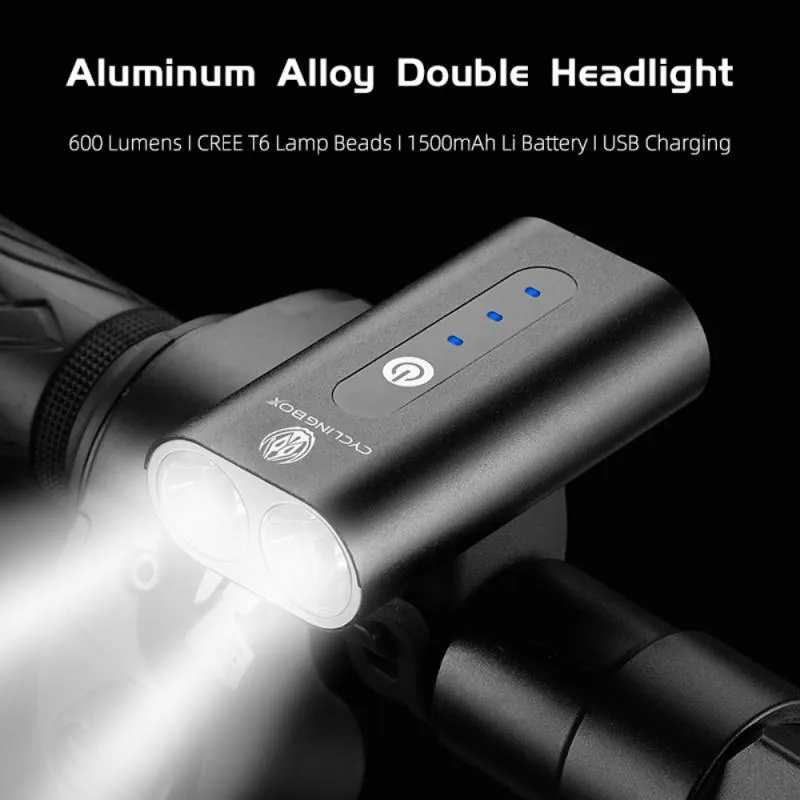 Cykellampor Aluminiumlegering Tvåhuvudets strålkastare kan utrustas med en 360 ° roterande fäste och USB-bekväm laddningslampa