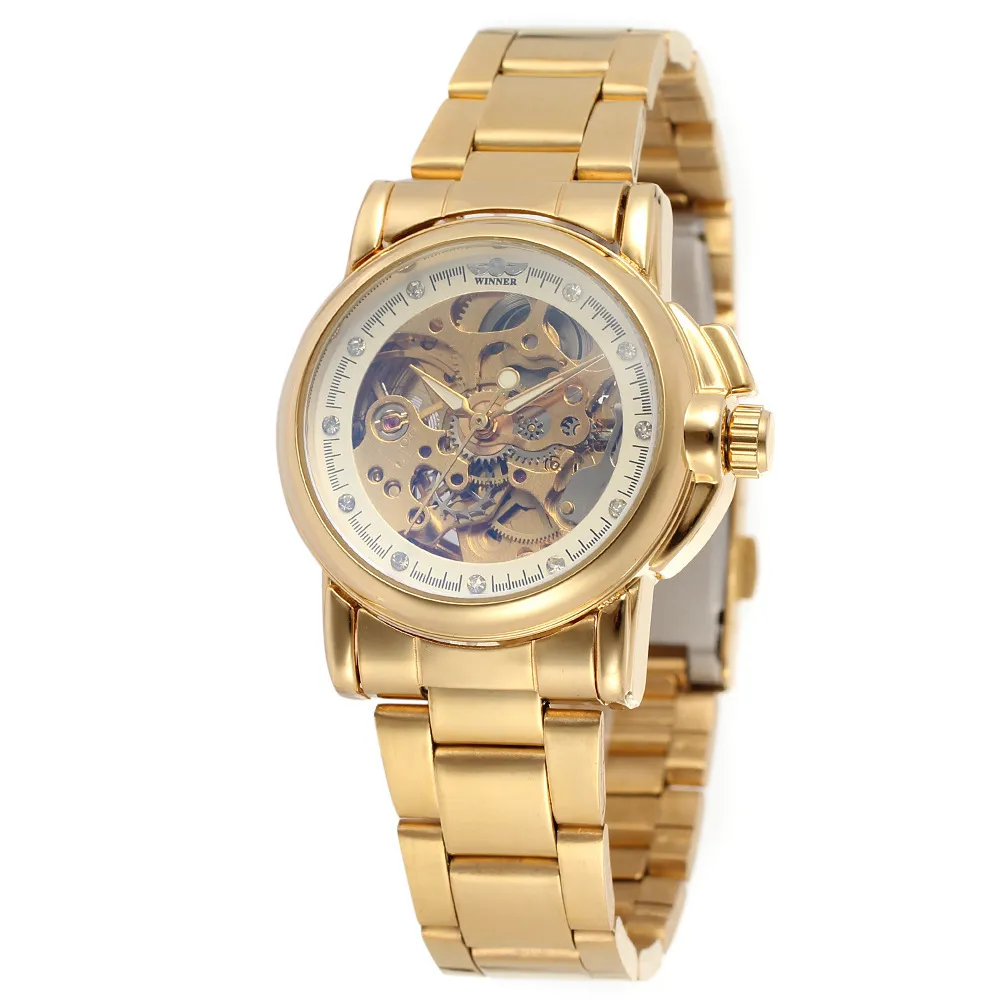 Luksusowe złote kobiety automatyczne zegarki mechaniczne kobiety moda zegar ze stali nierdzewnej Panie Kryształ pusty szkielet zegarek saati 2011260r