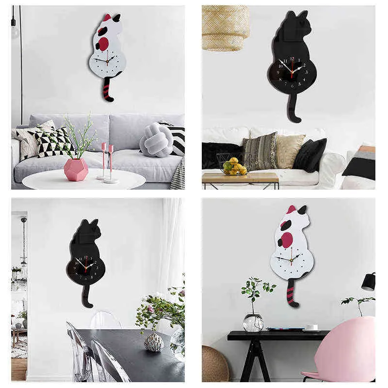 Creative Cat Shape Pendulum Wall Clock Decorative Acrylic Wall Clock with Swing Tail Home Decor Silent Scanning Movement C1 H1230