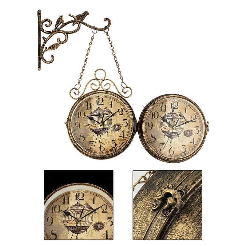 Horloges murales double face, horloge de style vintage en métal alimentée par batterie, horloge murale de station de cercle antique, horloge suspendue sur 2 côtés, maison H1230