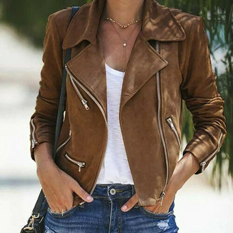 Dames des femmes Zip Up Veste en cuir suédé Casual Flight Coat Biker Tops Vêtements T200111