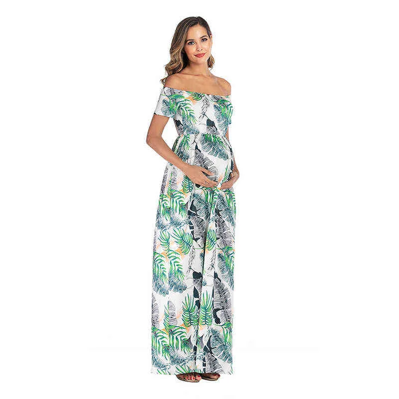 2020夏のマタニティ服ファッション妊娠中の女性の肩のないマキシドレスママ半袖カジュアル花柄サンドレスG220309