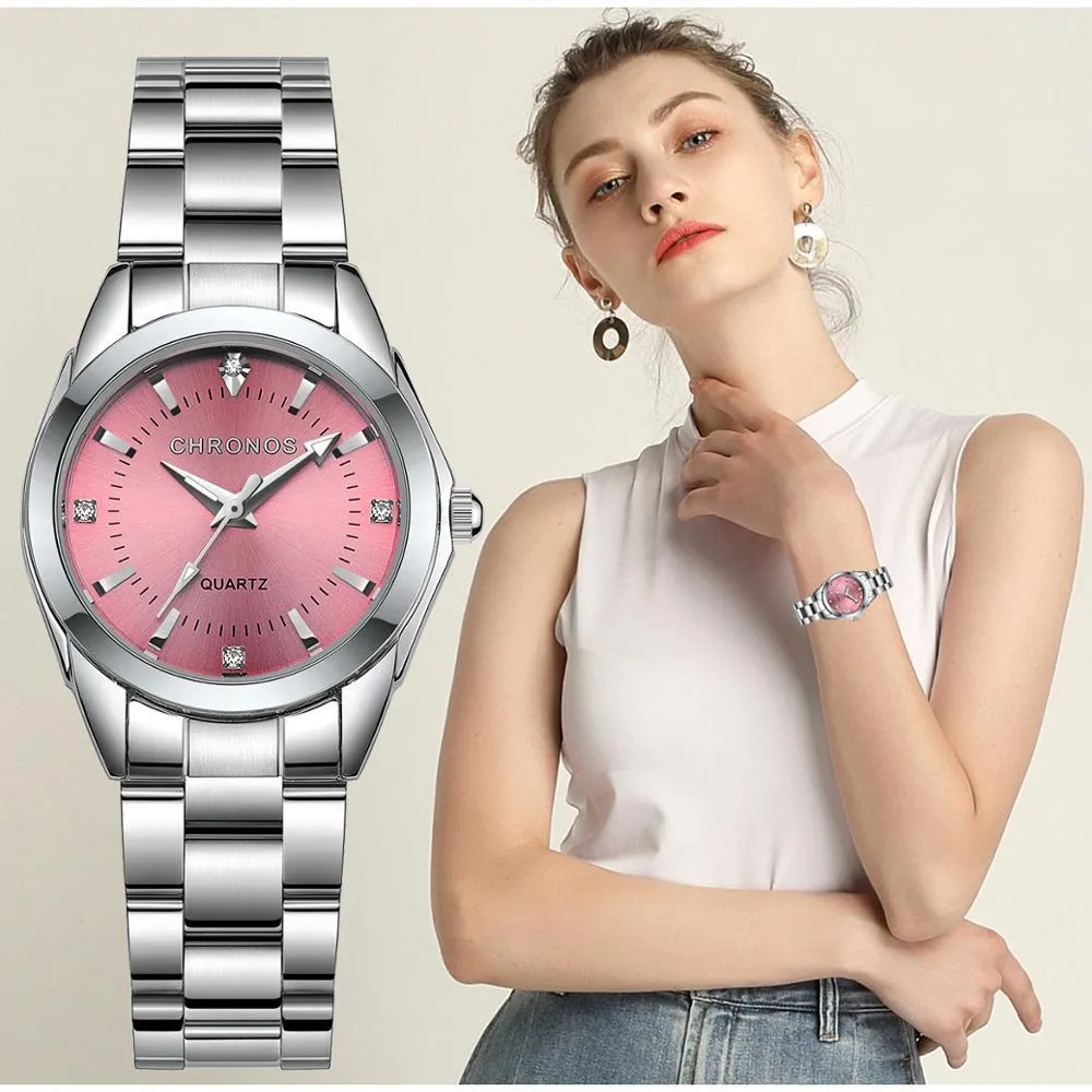 CHRONOS Relojes de cuarzo de acero inoxidable con diamantes de imitación de lujo para mujer, reloj de negocios para mujer, movimiento de cuarzo japonés, reloj femenino 201283P