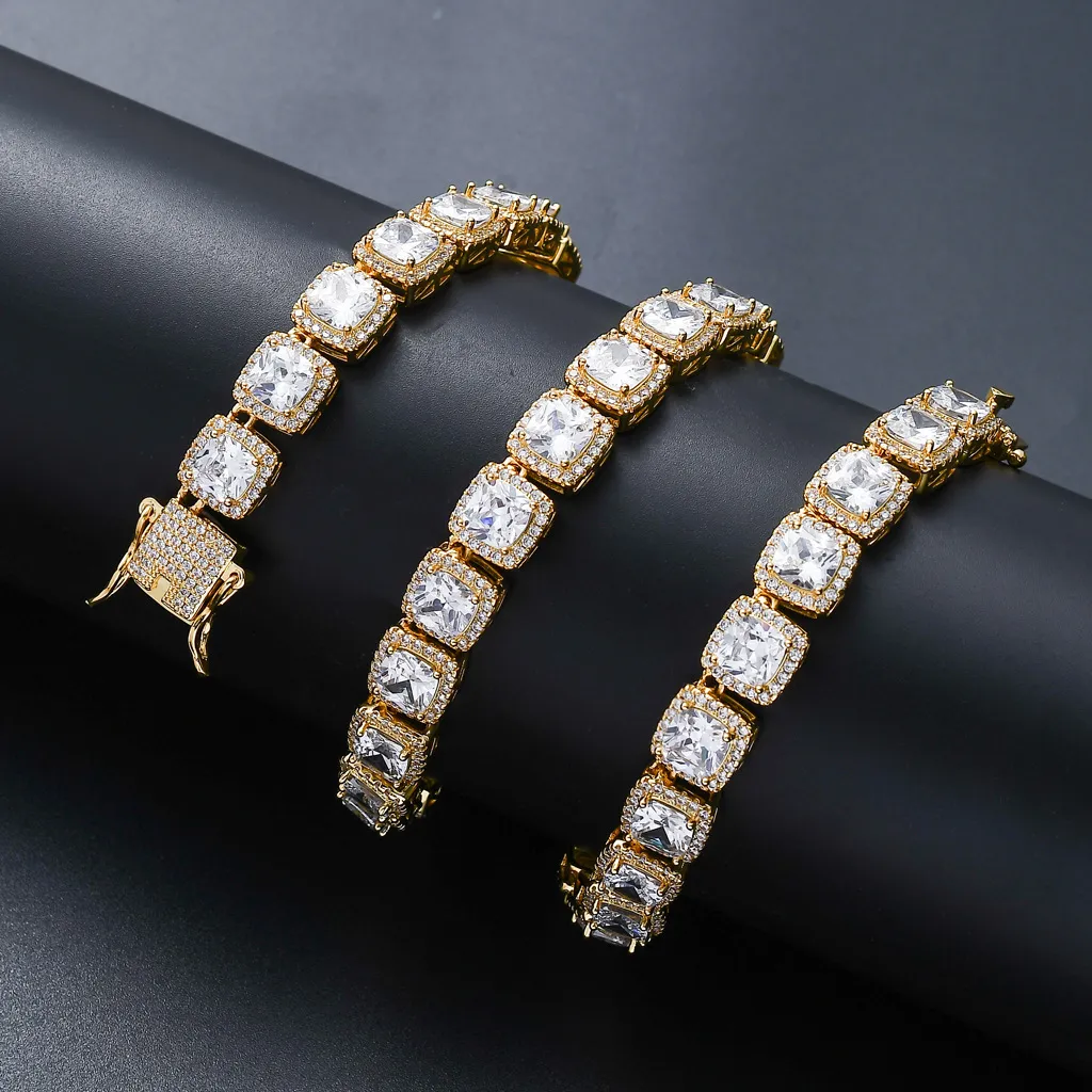 Мужская теннисная цепочка с бриллиантами Iced Out, 10 мм, браслет, высококачественные ожерелья с квадратным цирконием, 7-24 дюйма, хип-хоп, блестящие цепочки J223C