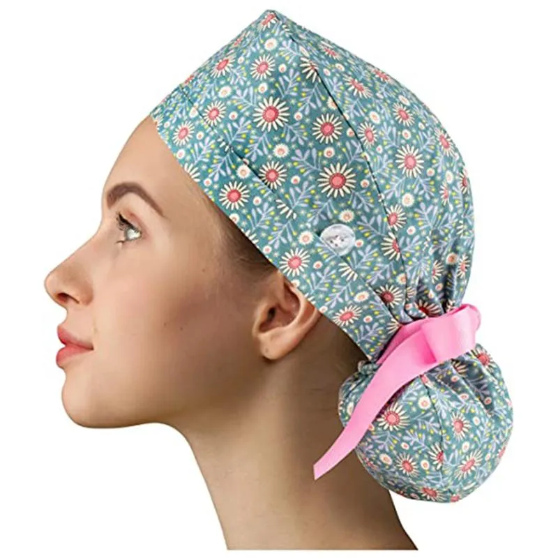 Beanie Skull Caps Women Scrubs With Button Ultra-thin Breathable Cartoon Printed Adjustable Hats Reuseable Bouffant Accessories R22289