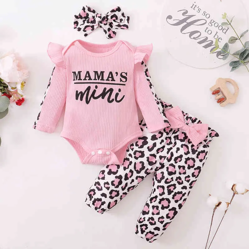 Newborn Clothes Baby Girl Clothes Sets Infant Outfit Ruffles Romper Top Bow Leopard Pants New Born Toddler Clothing G1221