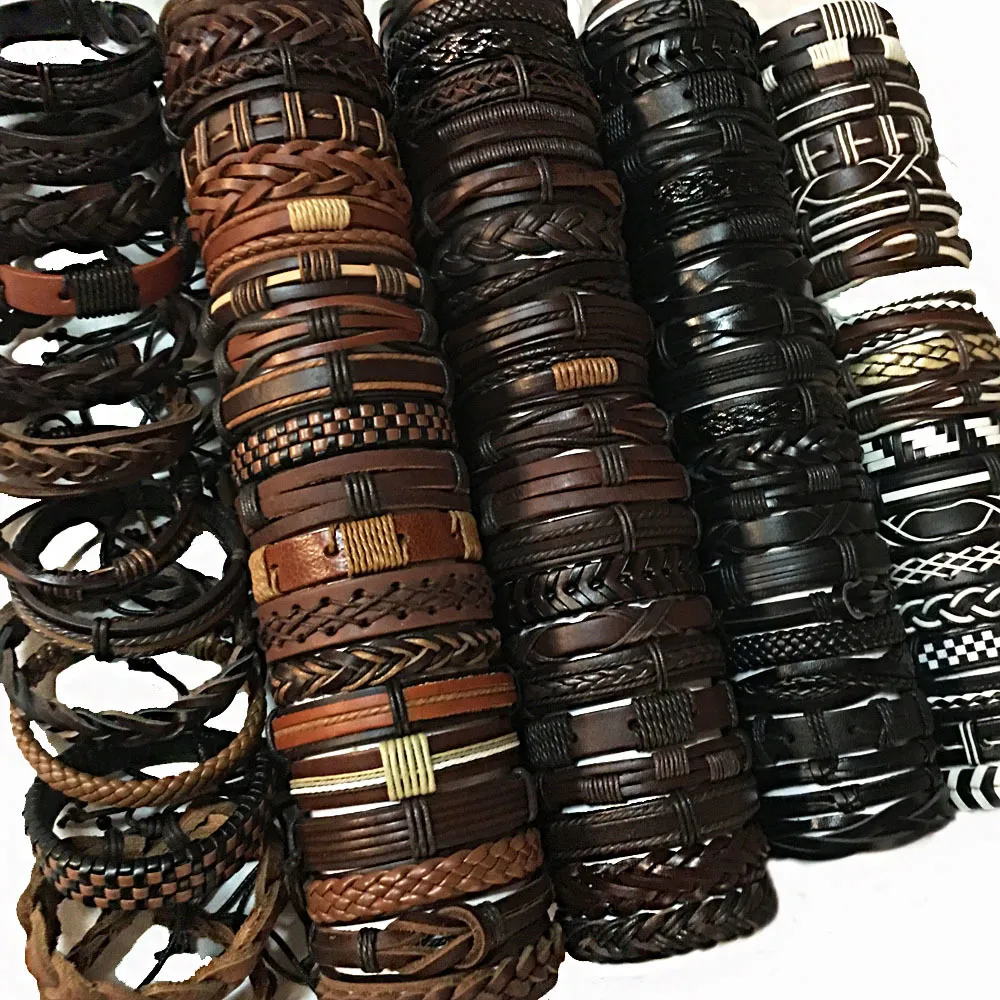 Hela partier bulk slumpmässigt 50st 30 st parti punk mäns läderarmband femme pulseras bileklik par armband män smycken w227e