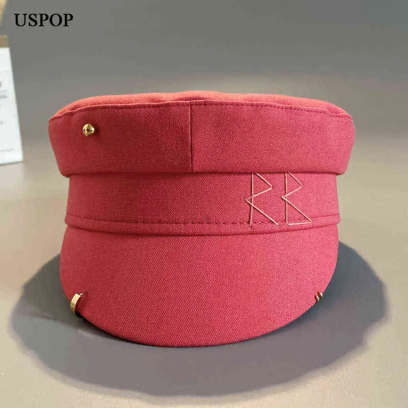 USPOP nouveau coton et lin strass lettre gavroche casquettes femmes plat militaire casquettes AA220304270r