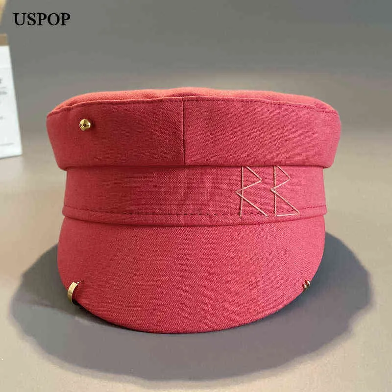 Uspop ny bomull och linne strass bokstäver newboy caps kvinnor platt militray caps aa220304270r