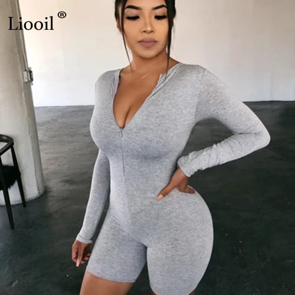 Liooil Schwarz Grau Bodycon Overall Frauen Tragen Auf Beiden Seiten Sexy Overall Herbst 2020 Zip Up Party Club Strampler Overalls shorts T200704