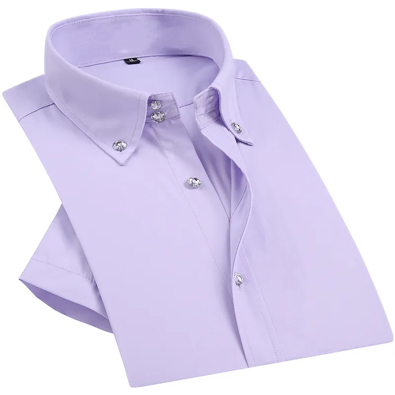 Летние умные повседневные алмазные кнопки мужские платья рубашка белый с коротким рукавом роскошный высокий воротник Slim Fit стильный бизнес блузка C1222