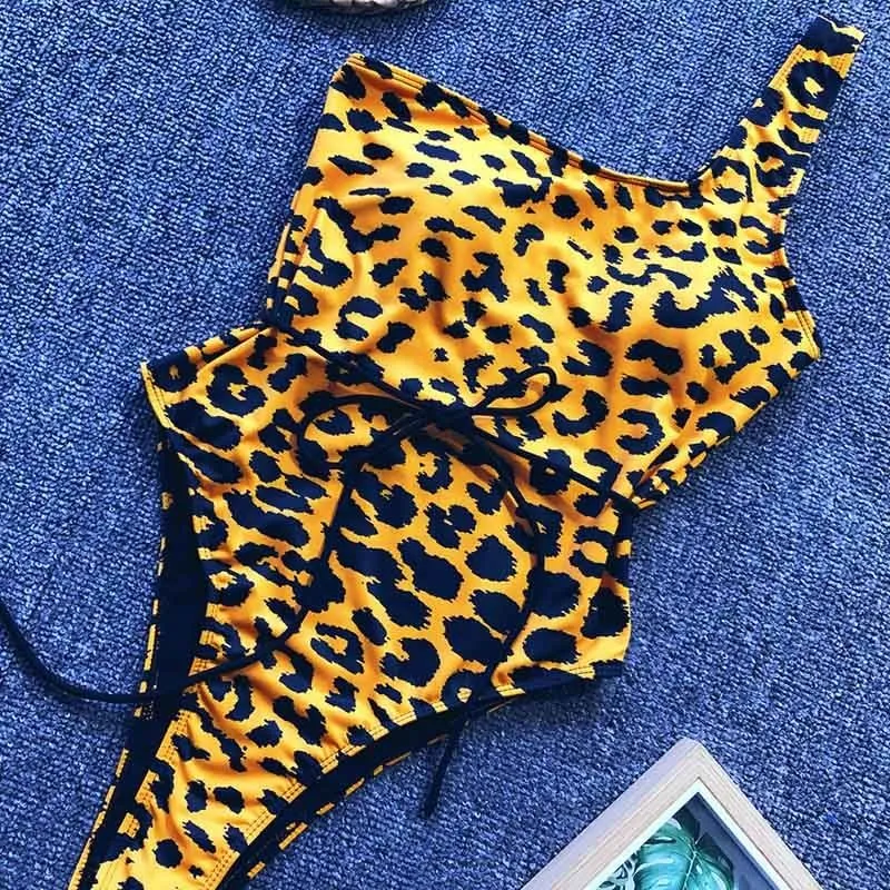 mayo kadın leopar mavi sarı kadın mayo 2019 mujer kemer plaj giysisi ile kadınlar için tek omuz yüzme elbisesi T200708