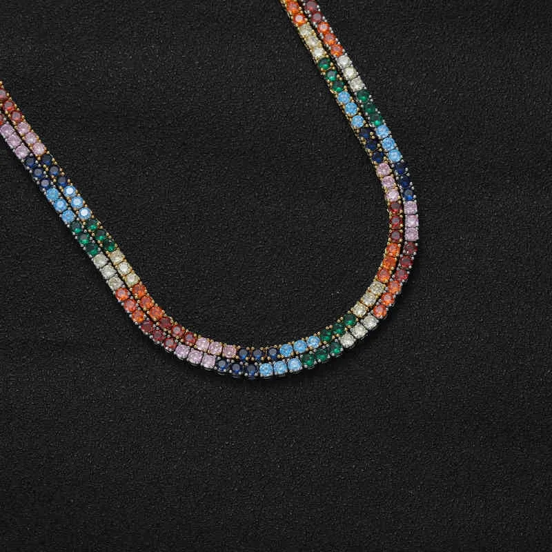 3 мм разноцветный камень, латунь, CZ, теннисная цепочка, ювелирные изделия в стиле хип-хоп, ожерелье с цирконом, Iced Out BC209