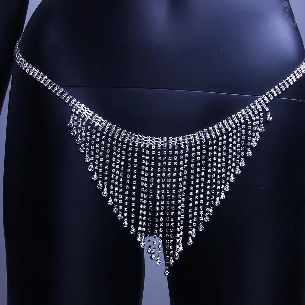 Tassel kryształowy biustonosz zestaw bikini Top łańcuszek biustonosz naszyjnik dla kobiet bielizna Rhinestone biżuteria do ciała seksowne stringi majtki T200508