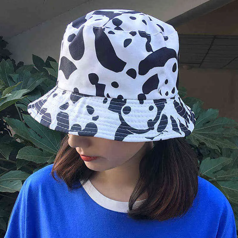 春のファッションリバーシブルブラックホワイト牛パターンバケツの帽子女性ゴーラス夏G220311のための漁師の帽子