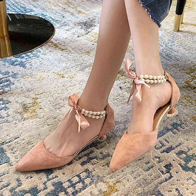 Scarpe eleganti Sandali ￠ talons bas pour femmes chaussures d'￩t￩ ￠ bout pointu avec perles lani￨re ￠ la cheville noires Sexy pour dames collection 220309