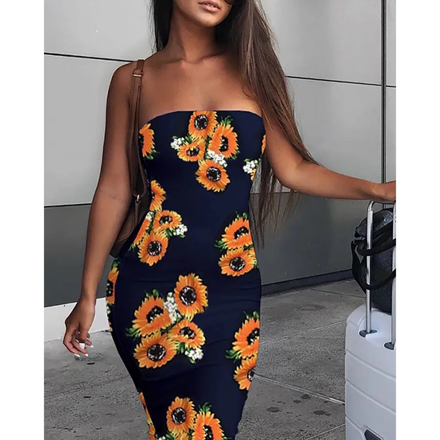 Spring and summer new offtheshoulder sexy ladies dress fashion women's sunflower print long tight dress casual wild sleeveless T200603