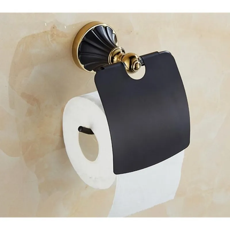 Badrumstillbehör Zinklegering svart guldfinish handduks ringrock krok toalettborste hållare handduk bar badrum set papper hållare t20321s