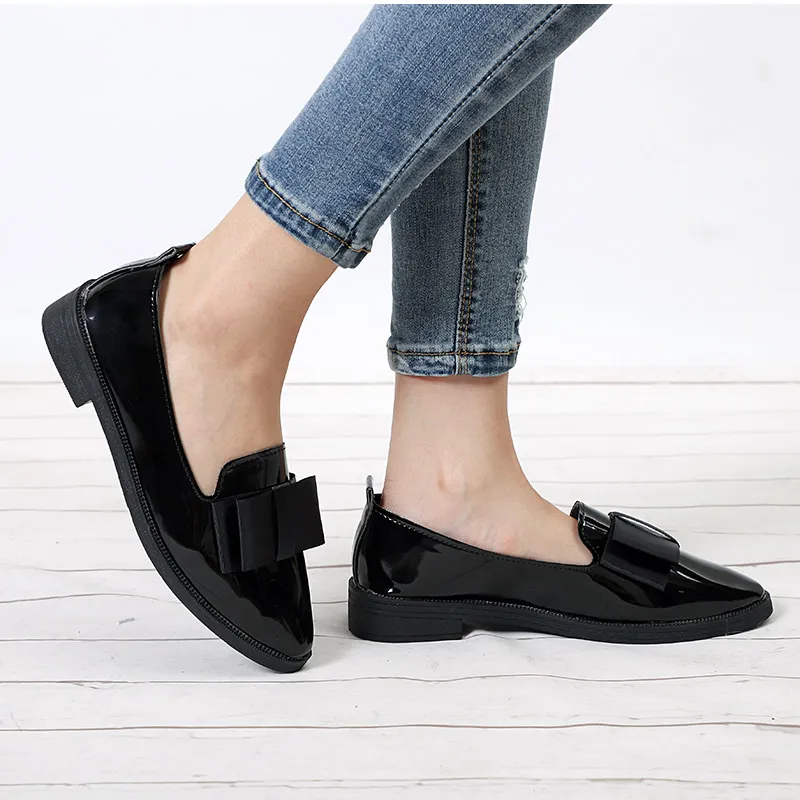 Plus Size 41 Spring Flats Damenschuhe Bowtie Loafer Lackleder Elegant Low Heels Slip On Schuhe Damen Oxford Schuhe 7583