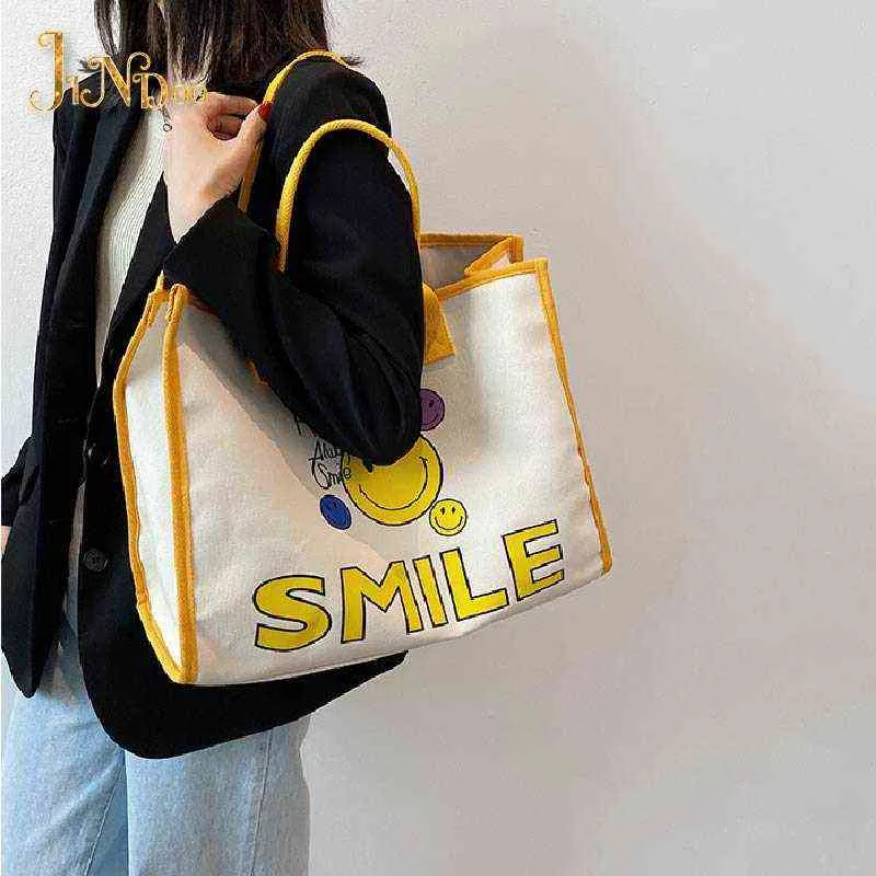 Sacs à provisions NOUVEAU Casual Toile Femmes Mignon Sourire Sac À Main Grande Capacité Poignée Fourre-Tout Mode Simple Épaule Environnementale 220301