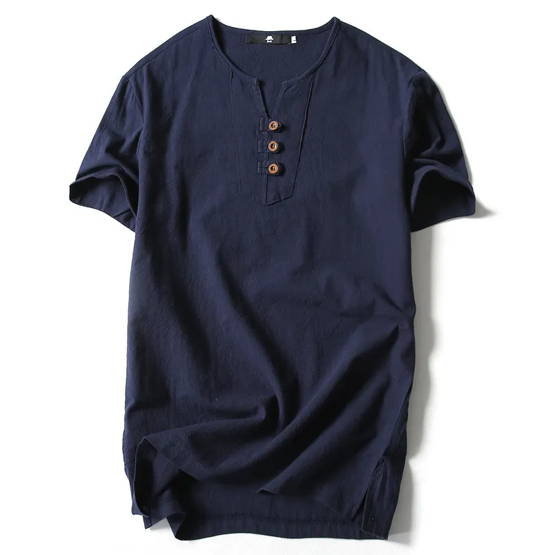 男性Tシャツ夏のコットンTシャツカジュアル半袖中国風ビンテージVネックティープラスサイズ特大ブラックホワイトトップス220312