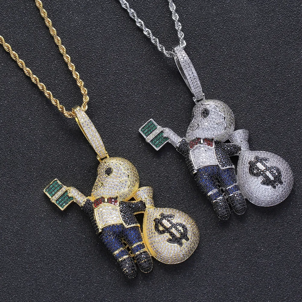 Small Size High Quality Brass CZ stones Cartoon Men Money Bag Necklace Hip hop pendant Jewelry Bling Bling Iced Out CN199 Y1220262h
