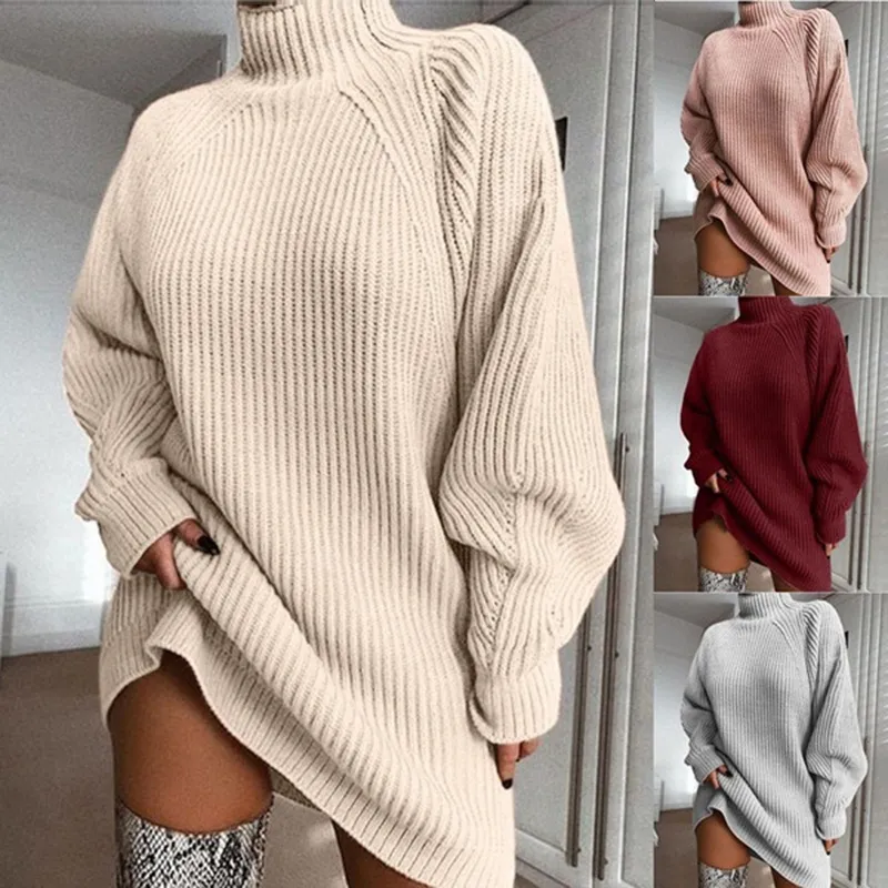 Women Turtleneck Oversized Knitted Dress Autumn Solid Long Sleeve Casual Elegant Mini Sweater Dress Plus Size Winter Clothes 201110