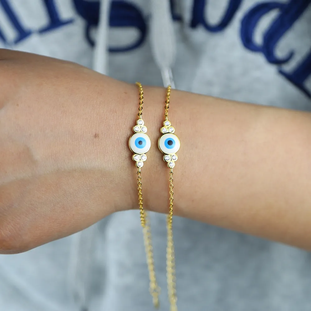 Promotie goud kleur mode dames sieraden wit blauw email Evil oog charme lucky girl vrouwen sieraden armband