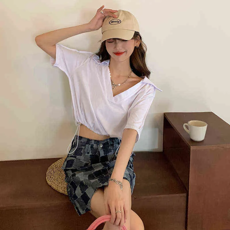 Solid Basic Womens Short Tshirt V-neck Shirring Slim Show Waist T-Shirt Women Short Sleeve Casual Femme Tees Blouse Crop Top G220310