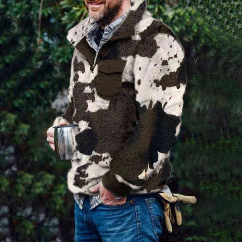 Fashion Warm Woolen Jumpers Autumn Camouflage Lång ärm Löst tröja Vinter Casual Fleece Turn-Down Collar Men Tops Pullover 220125