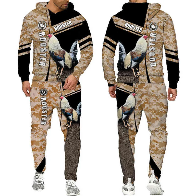 Cool Pheasant Rooster Hunting Camo Hoodies Suit 3D Printed Cock Animal Pullover Sweatshirt + Sport Pants Tracksuit Set 211220