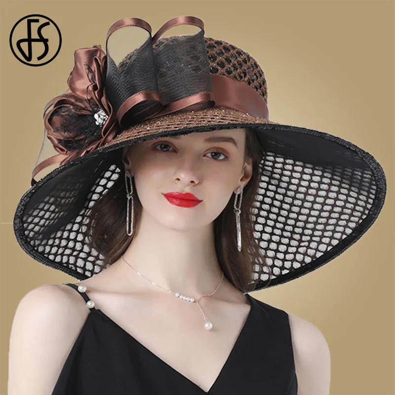 FS Paarse Dames Tovenaar Hoeden Bruiloft Kentucky Derby Hoeden Voor Vrouwen Bloemhoeden Grote Brede Rand Fedora Organza Hoed Kerk 20110309C