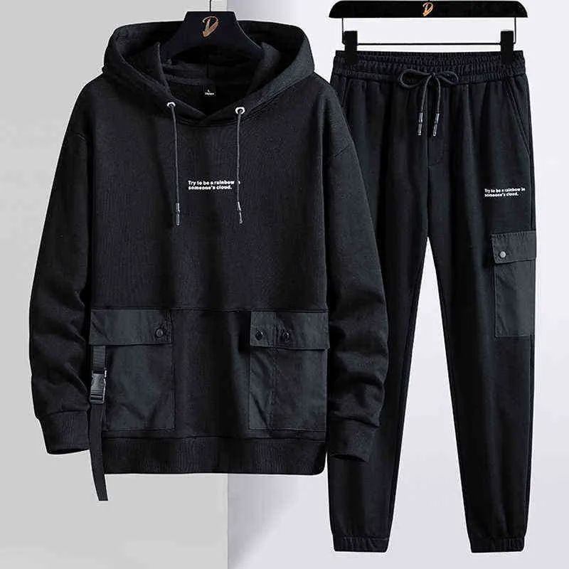Wiosna Jesień Multi-kieszenie Plus Rozmiar Dres Mężczyźni Streetwear Black Grey Pullover Hoodie + Spodnie 2 sztuki Zestaw Mężczyzn Sportowy Garnitury 211222