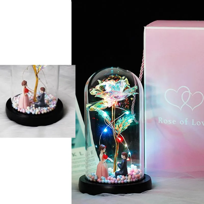 2020 Ny Wishing Girl Galaxy Rose i kolv LED -blinkande blommor i glasskupol för bröllopsdekoration Valentins dag Gift210b