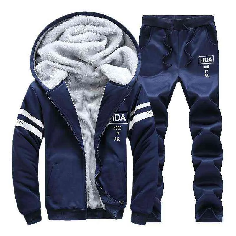 Męska zima Ciepłe Sportowe Fleece Lined Bluza z kapturem i zestawem zabezpieczającym Mężczyzna Casual Dressuit Men Bluza + zestaw sput 211222