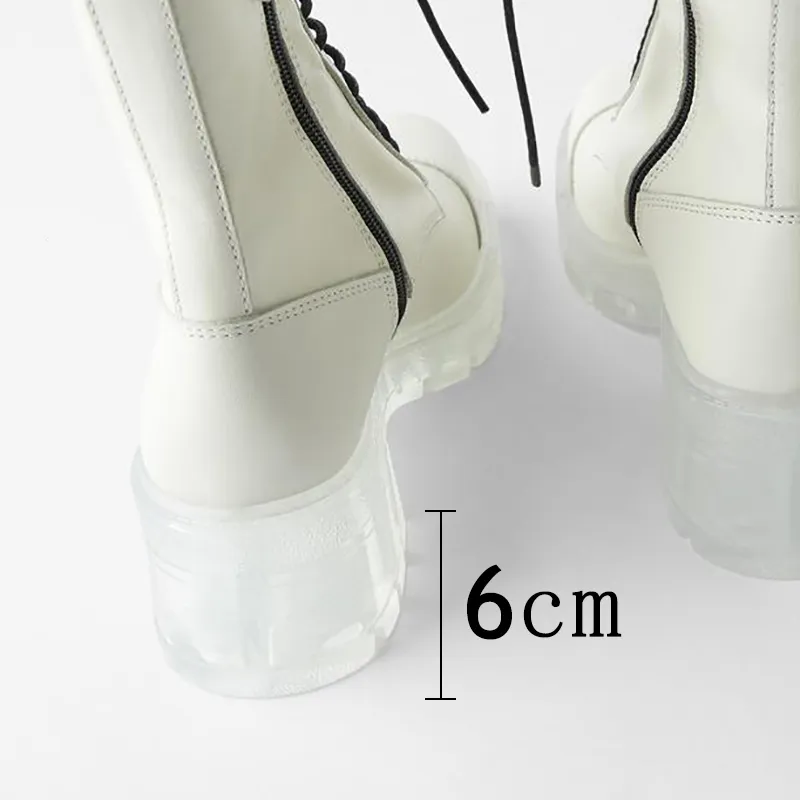 Beyaz deri kadın botları, kadınlar için tıknaz topuk ayak bileği botları sonbahar şeffaf düşük topuk platform ayakkabıları kadın 201102