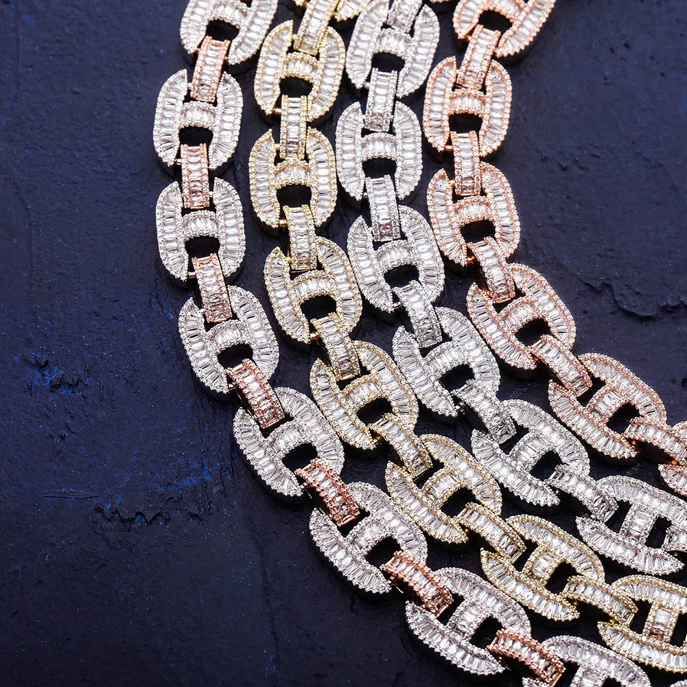 Collar de cadena cubana Baguette CZ con botones de Hip Hop de 14mm, chapado en oro rosa y plata, joyería Micro pavimentada de cobre de lujo 233J