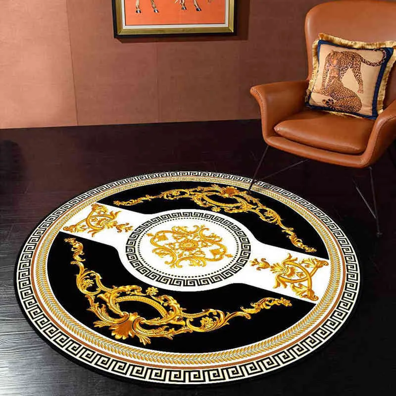 Luxe tapijt woonkamer zwart wit goud Europese geometrische etnische stijl ronde tapijt tapijten voor slaapkamer decor home stoel mat 220117