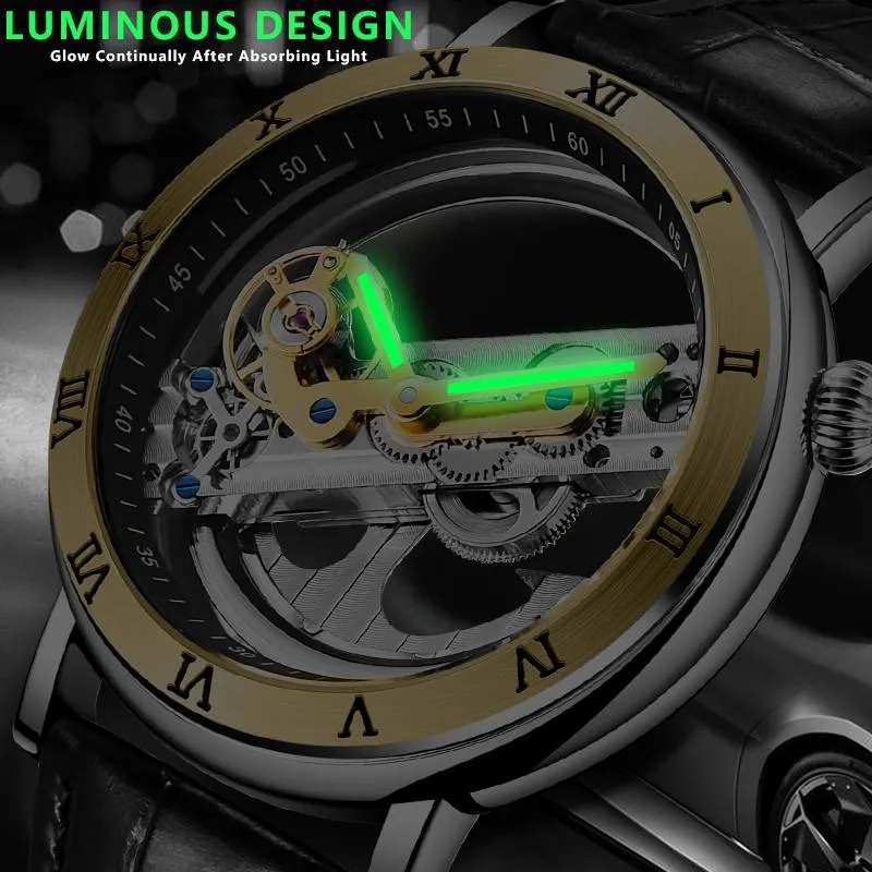 Przezroczysty mody przezroczysty szkielet mechanicznych mężczyzn Watch skórzany zegar biznesowy Starp Business