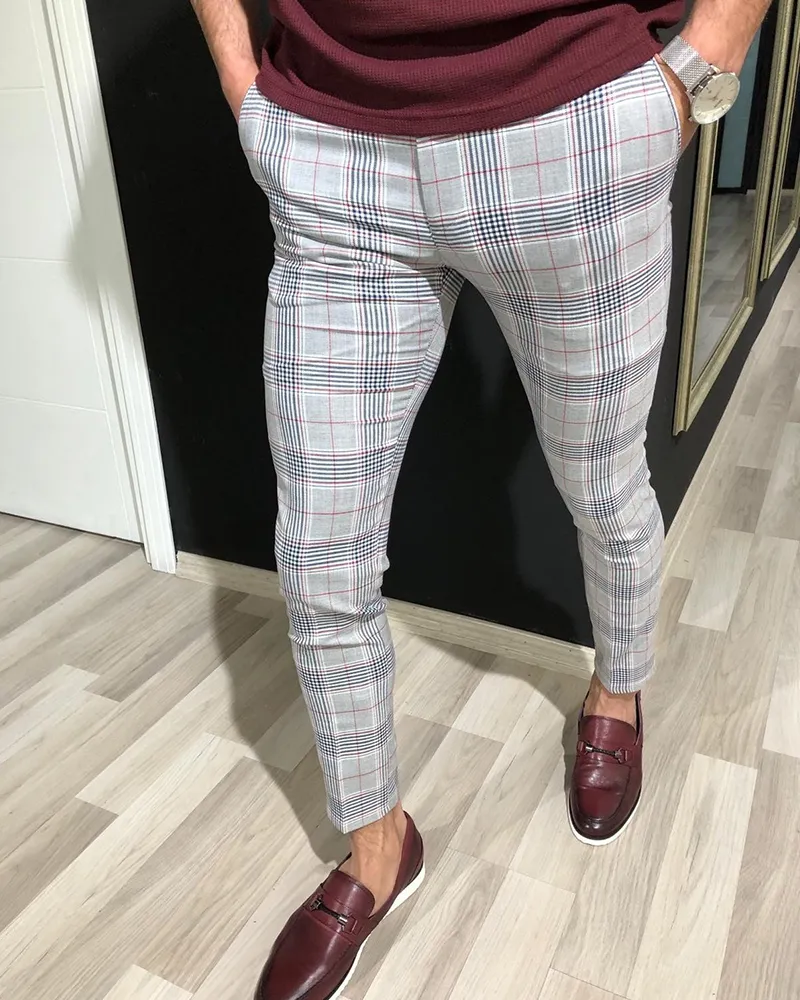 Pantalones de tela escocesa de los hombres Verificado Formal Elegante Casual Traje de oficina de negocios Pantalones Slim Fit Joggers Tartan Flaco Pantalones de chándal elásticos 201118