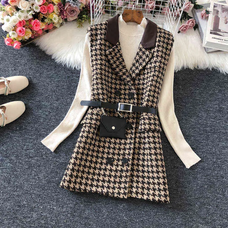 Autumn winter Houndstooth woolen vest women v-neck samll fragrance double breasted waistcoat 211220