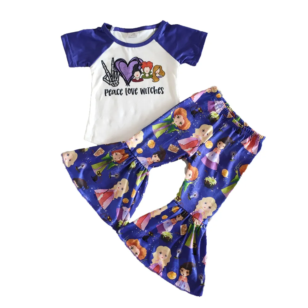Modisches Kinder-Boutique-Kleidungsset mit Kurzarmhemd und Glockenhose für Mädchen, hochwertiges Mädchen-Outfit mit Buchstaben und Musterdesign 25063306