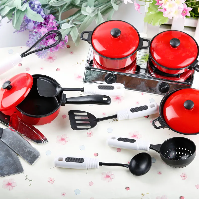 17stagande matlagning Toy Kitchen Cookware Pot Pan Kids Pringsation Cook Spela roligt spel Toy Simulation Kitchen redskap Ställ present till tjej LJ201211