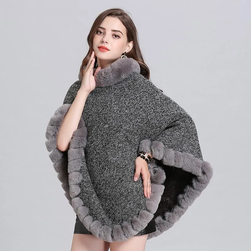 Lenços elegante retro handwork pele malha poncho grosso cashmere capa completa trims faux rex xale pulôver casaco mulheres inverno wraps285a