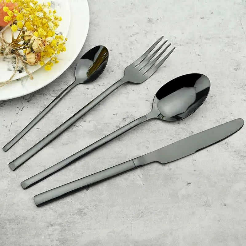 Juego de cubiertos de oro negro de 24 Uds., vajilla de acero inoxidable, cuchillos, tenedor, cuchara, vajilla para cena, cubiertos de cocina para fiestas, cubiertos 211229