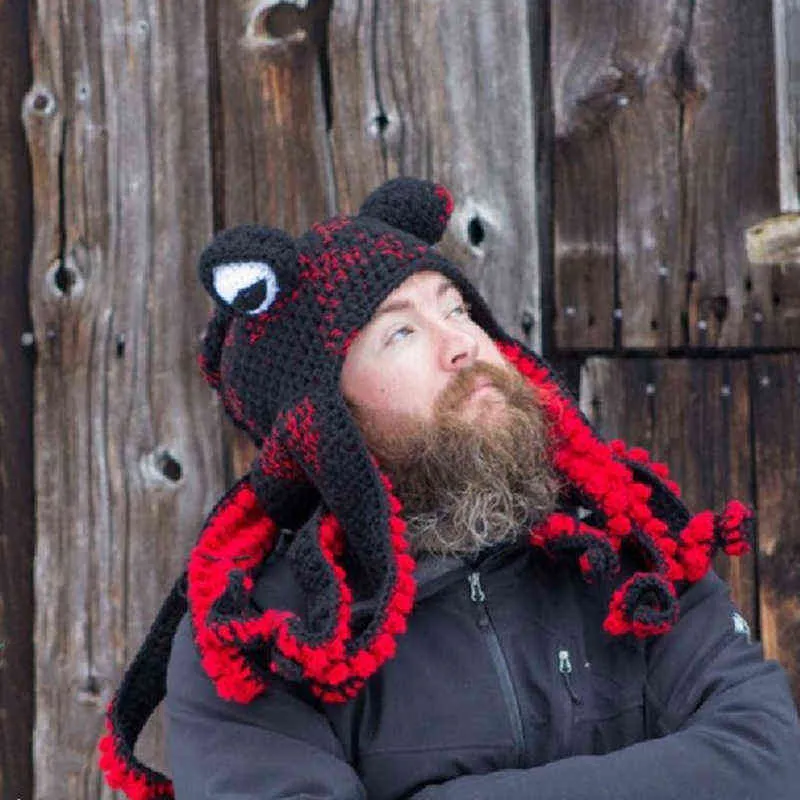 タコのひげの手織りニットウール帽子男性クリスマスコスプレパーティー面白いトリッキーなヘッドギア冬の温かいカップルビーニーキャップ2112312437